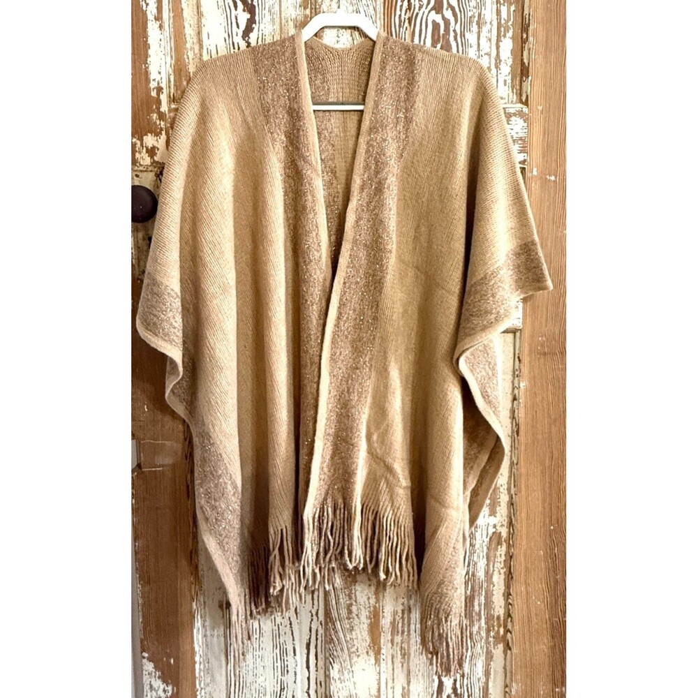 Kollie More Knitted Acrylic Wrap Shawl w/ Fringe - Tan w/ Gold Metallic